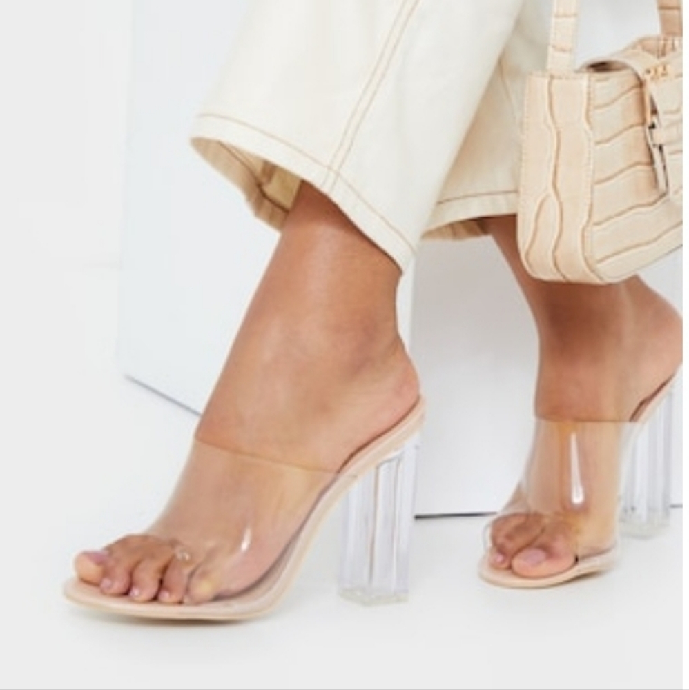 Nude Clear High Block Mule Heel, US Size 7